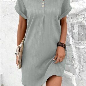 2/$40 Light Grey Short Sleeve Striped Dress Knee Length Midi Summer Tunic V Neck